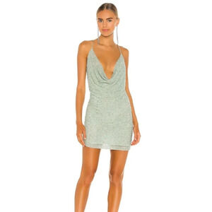 Retrofete Mich Sequin Mini Dress in Mint Aqua Green Small Beaded Sleeveless Cowl